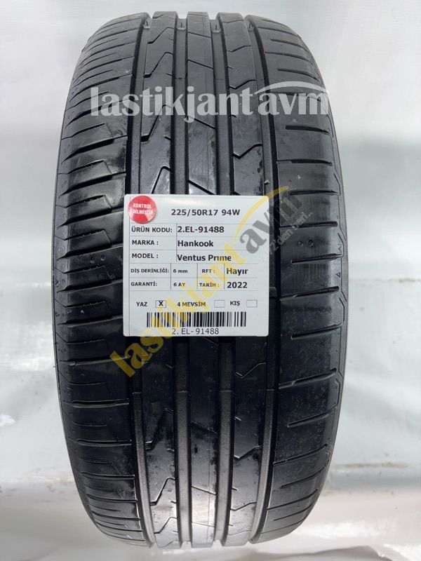 Hankook 225/50R17 94W Ventus Prime3 6 mm 2.EL Yaz Lastiği (2022)