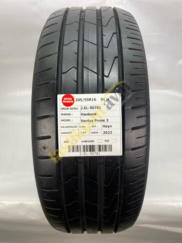 Hankook 205/55R16 91H Ventus Prıme 3 5 mm 2.El Yaz Lastiği (2022)